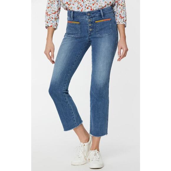 NYDJ Marilyn Straight Clean Horizon Raw Hem Multi Color Pocket Jeans 12 - Picture 1 of 11